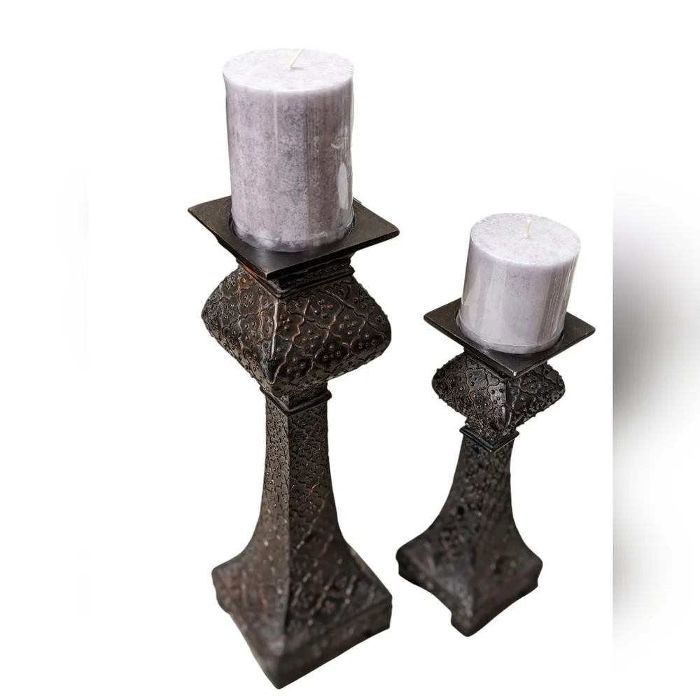 Vintage Restoration Hardware Hammered Bronze Pillar Candle Holders & Candles - Picture 4 of 11